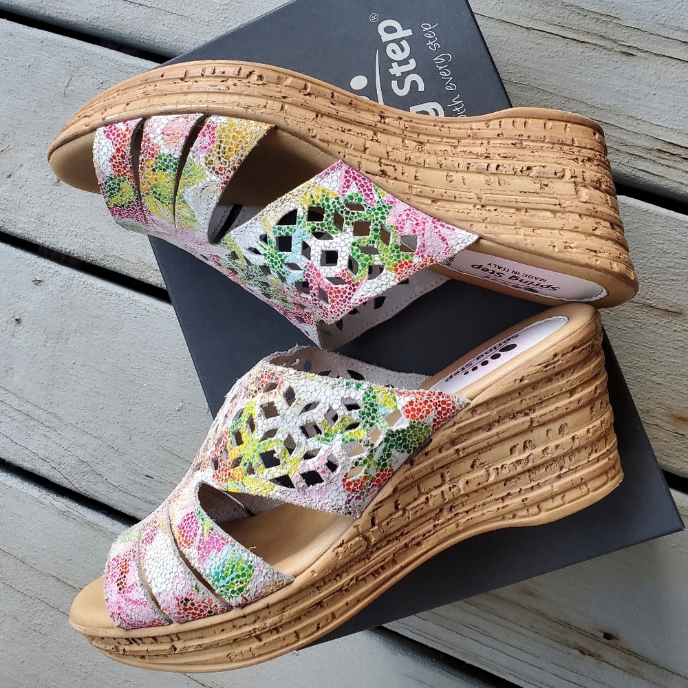 Spring Step Italian Genuine Leather Viniko White Multi Slip-on Wedge Sandals - Picture 6 of 14